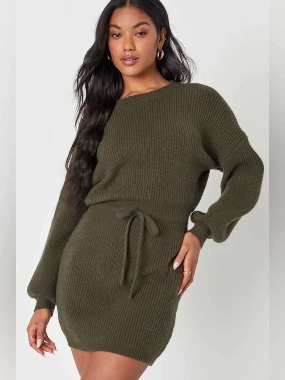 NWT Lulus Flirting with Fall Olive Green Drawstring Mini Sweater Dress
